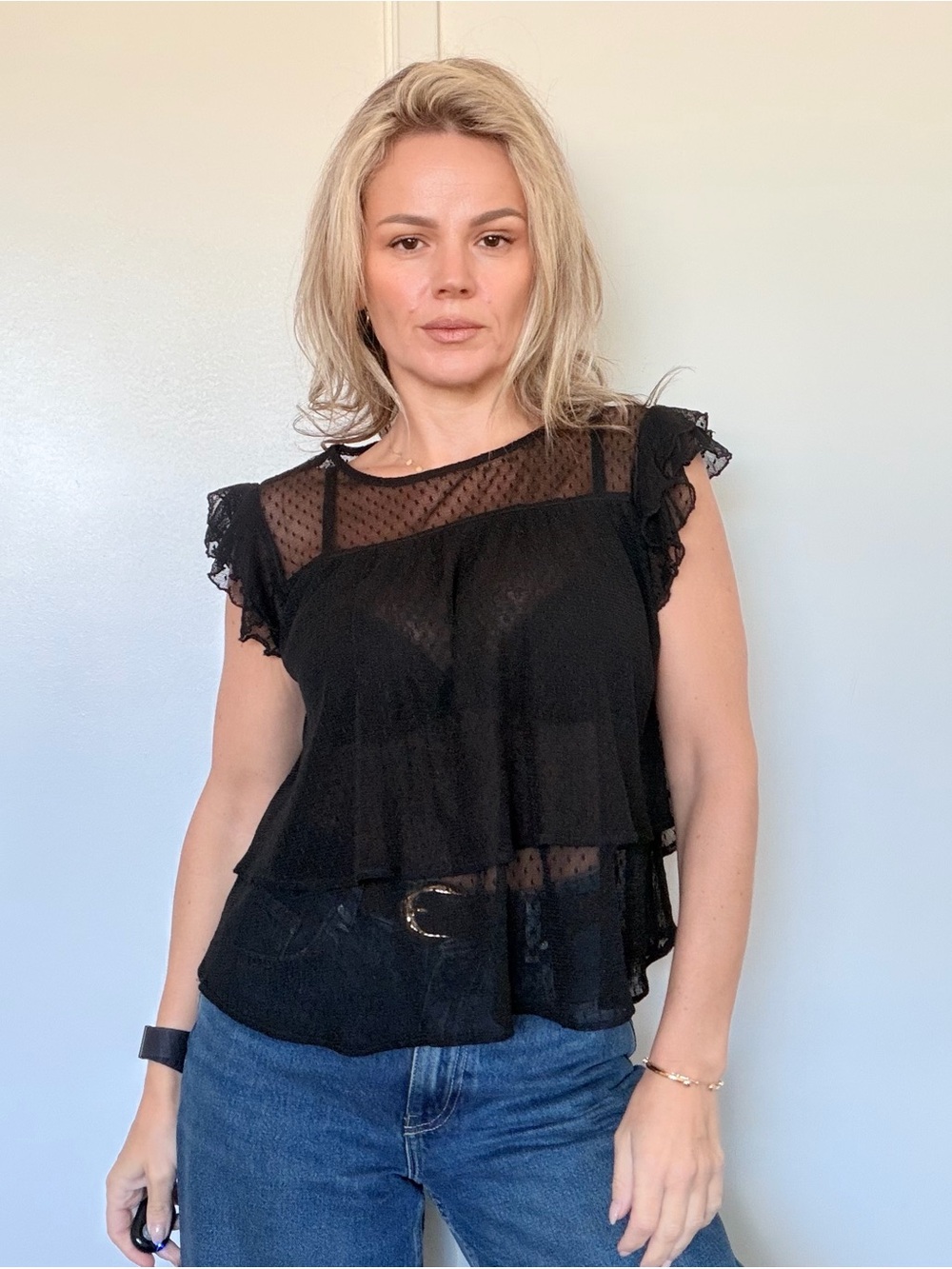 Anine Bing Black Sheer Ruffle Sleeve Blouse